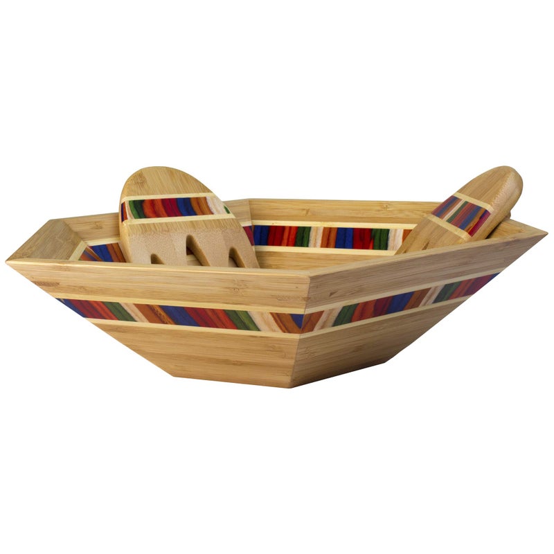 Totally Bamboo Baltique Marrakesh Collection 14" Salad Serving Bowl with Salad Hands, Bamboo and Colored Birch Wood - Image 4